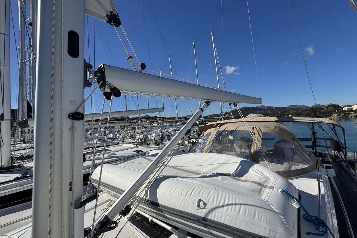 Deck of Sacuri, a Bavaria 46 Cruiser sailboat at Figari/Golfo Aranci, Italy