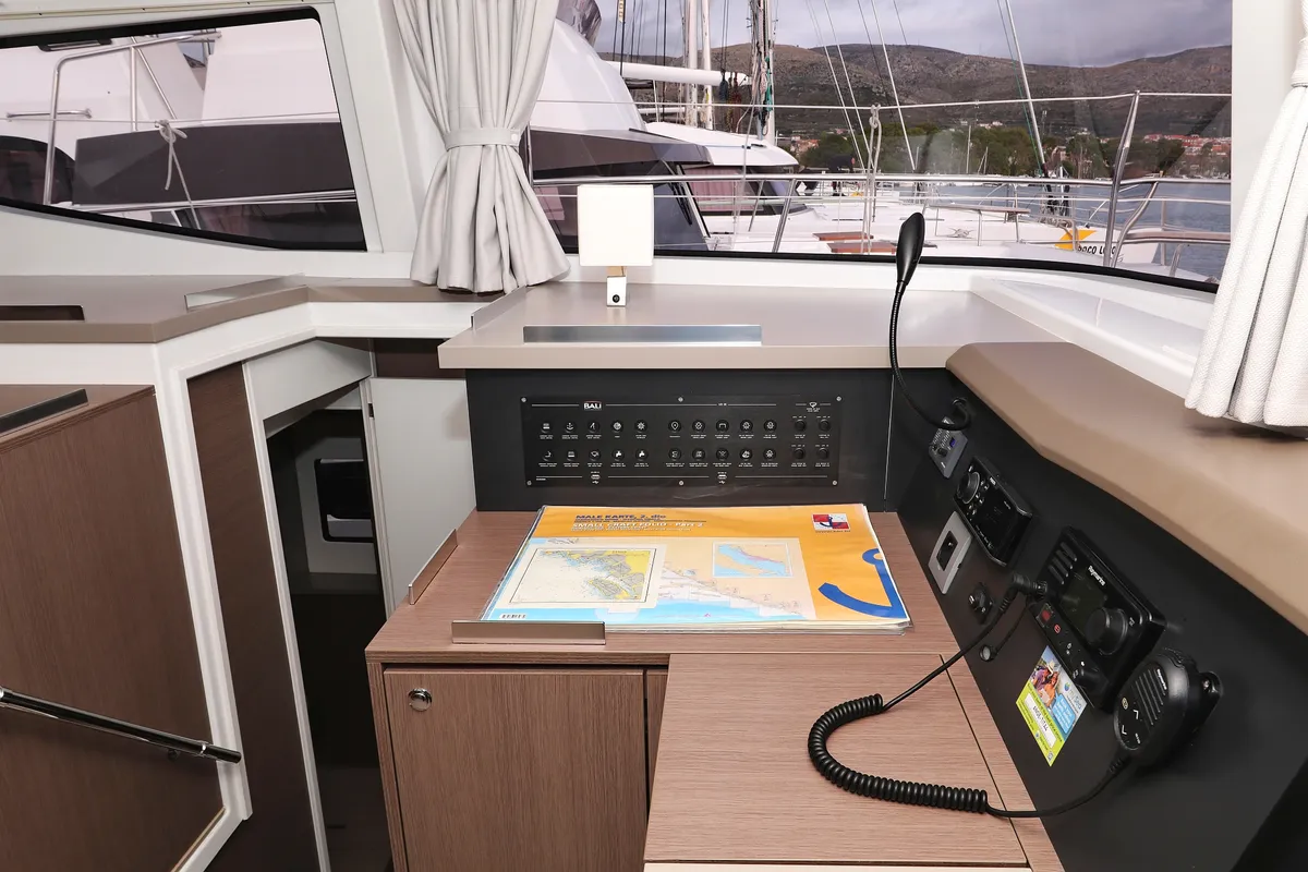 Cockpit of Titan, a Bali 4.8 catamaran at Trogir, Croatia