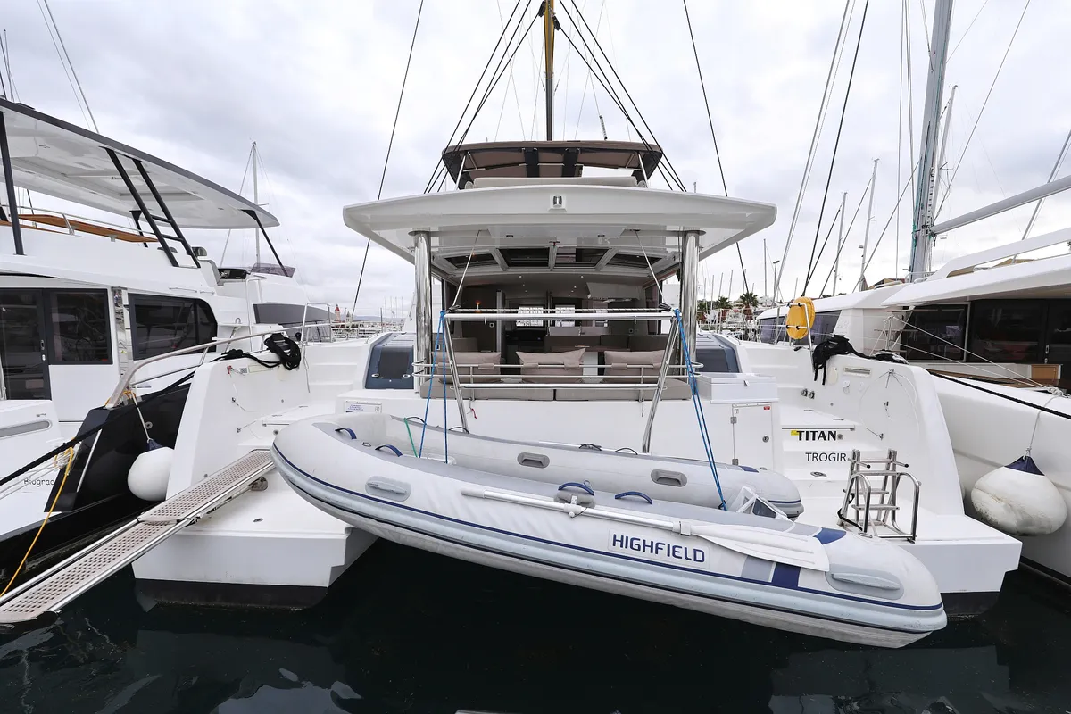 Exterior view of Titan, a Bali 4.8 catamaran at Trogir, Croatia