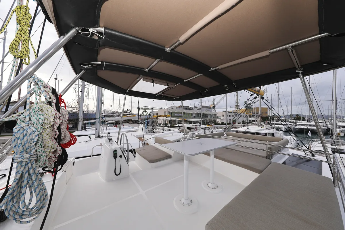 Cockpit of Titan, a Bali 4.8 catamaran at Trogir, Croatia