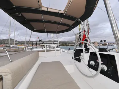 Cockpit of Titan, a Bali 4.8 catamaran at Trogir, Croatia