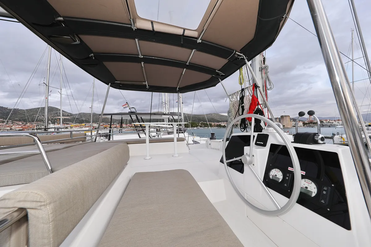 Cockpit of Titan, a Bali 4.8 catamaran at Trogir, Croatia