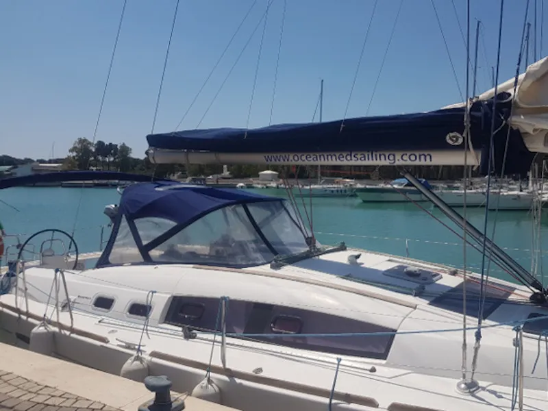 Exterior view of Myron, a Beneteau Oceanis 46 sailboat at Santa Maria di Leuca, Italy