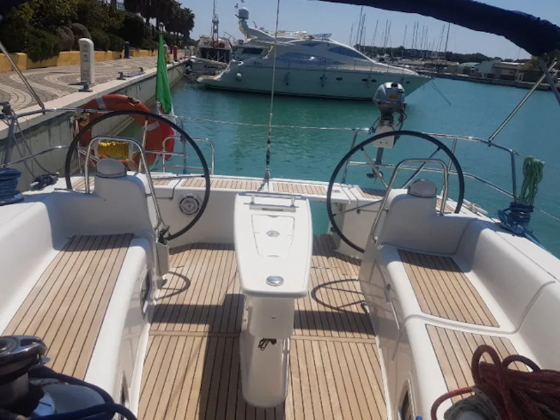 Cockpit of Myron, a Beneteau Oceanis 46 sailboat at Santa Maria di Leuca, Italy