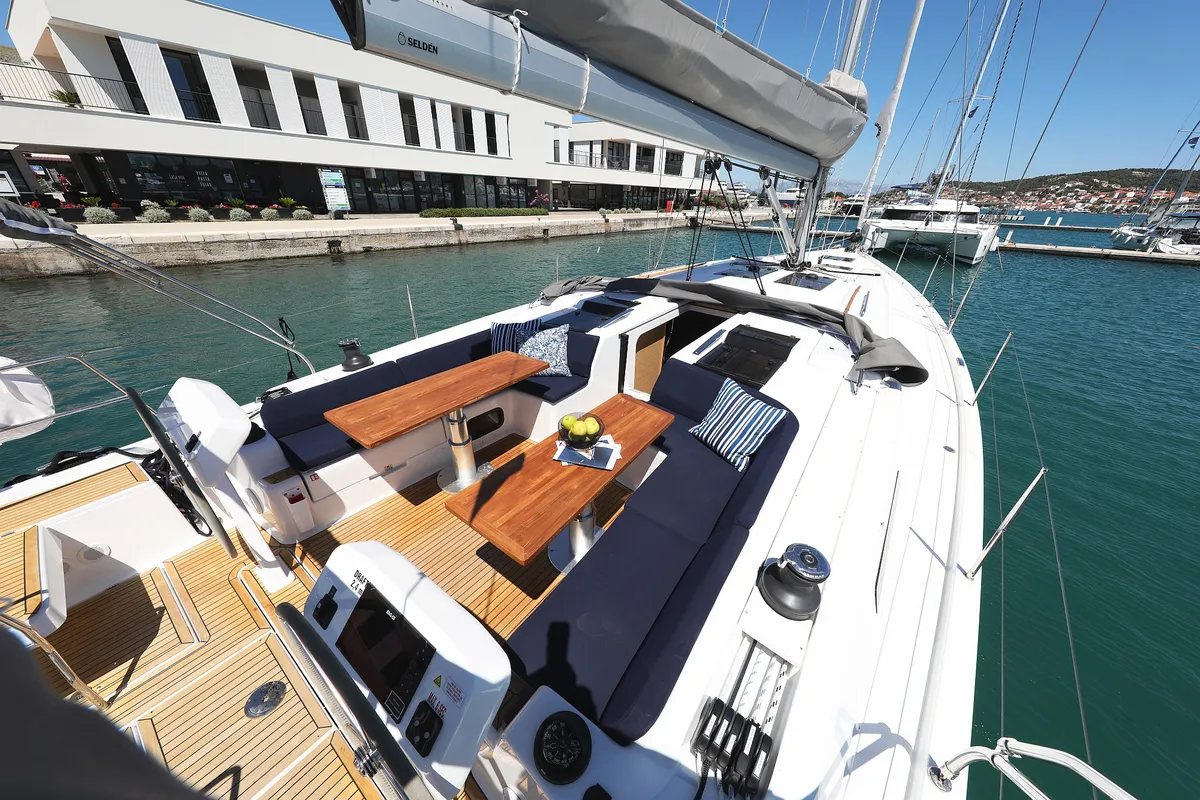 Deck of Charlabelle - OW, a Hanse 508 sailboat at Seget Donji, Croatia