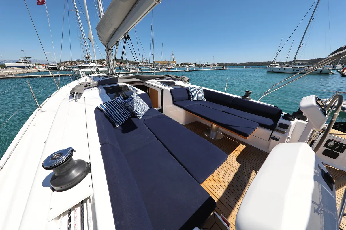 Deck of Charlabelle - OW, a Hanse 508 sailboat at Seget Donji, Croatia