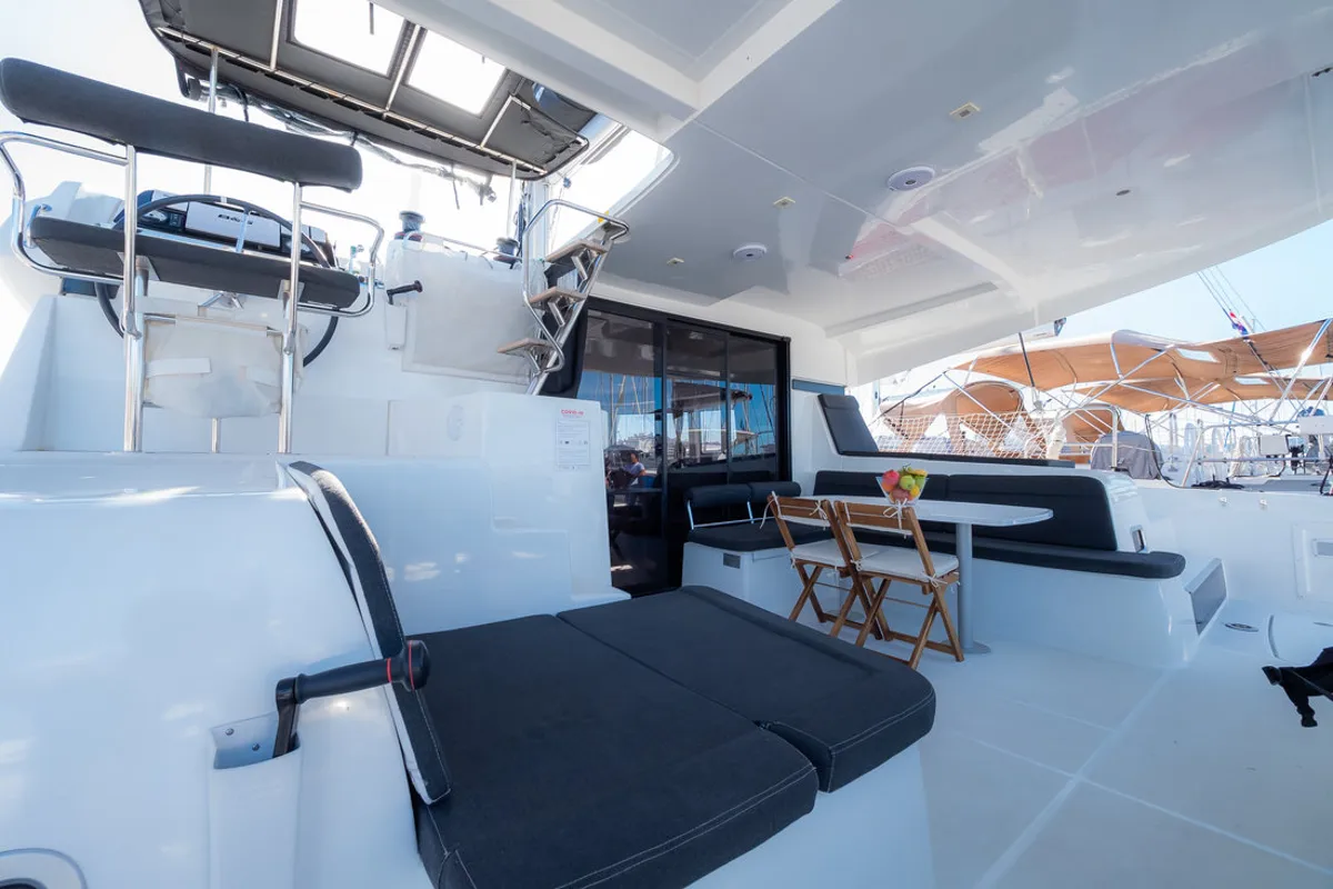 Deck of That's Life, a Lagoon 42 catamaran at Grad Biograd na Moru, Croatia