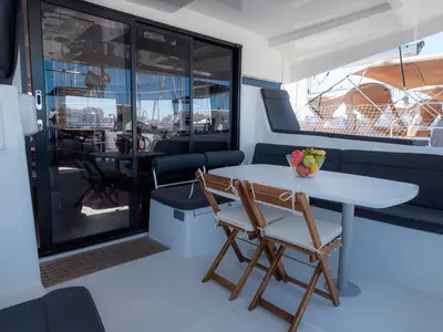 Deck of That's Life, a Lagoon 42 catamaran at Grad Biograd na Moru, Croatia