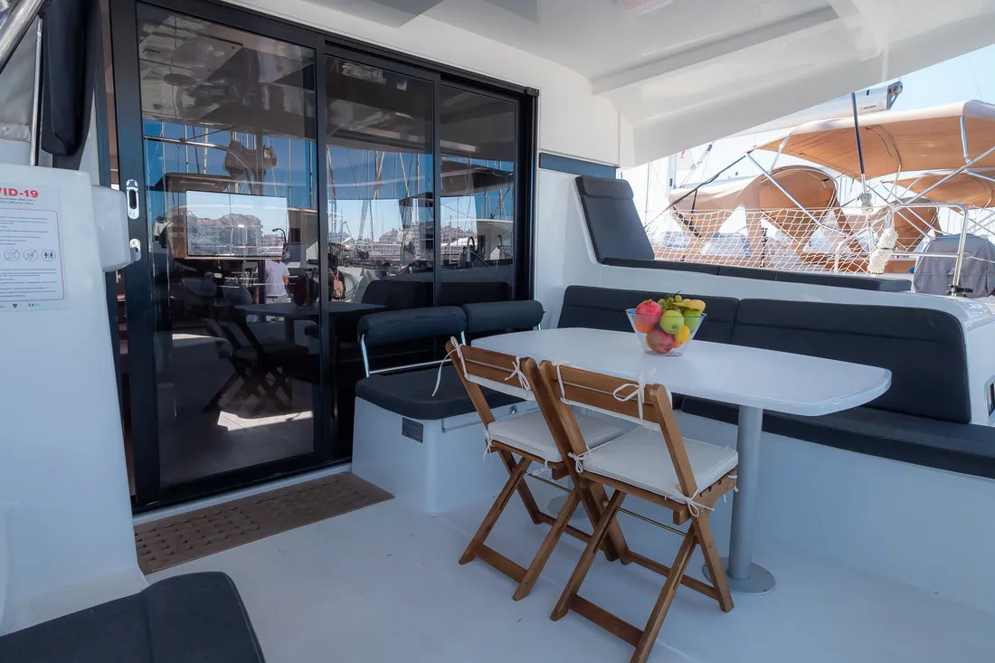 Deck of That's Life, a Lagoon 42 catamaran at Grad Biograd na Moru, Croatia