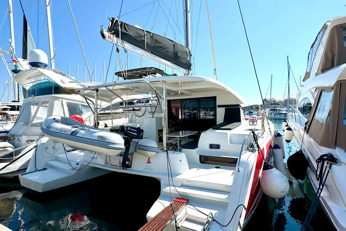 Exterior view of That's Life, a Lagoon 42 catamaran at Grad Biograd na Moru, Croatia