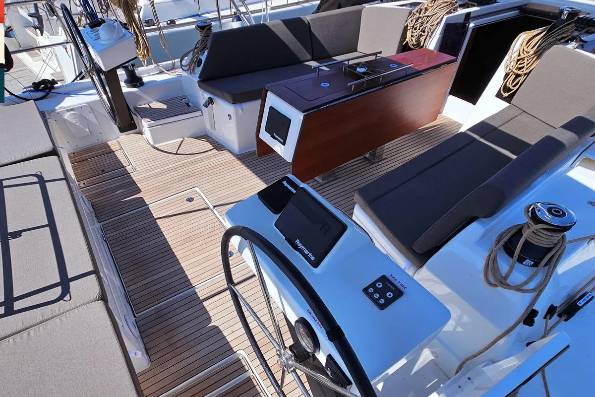 Deck of Pavana, a Dufour 470 sailboat at Rogoznica, Croatia