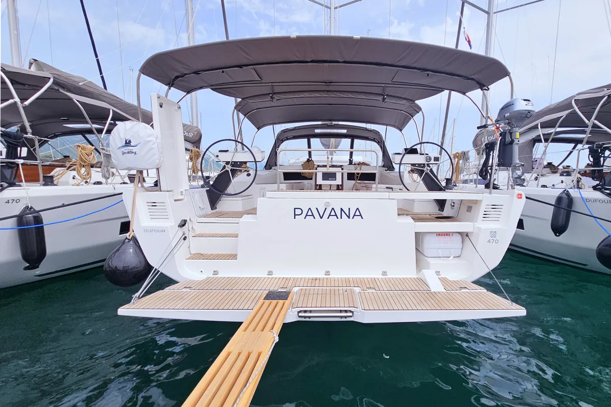 Exterior view of Pavana, a Dufour 470 sailboat at Rogoznica, Croatia