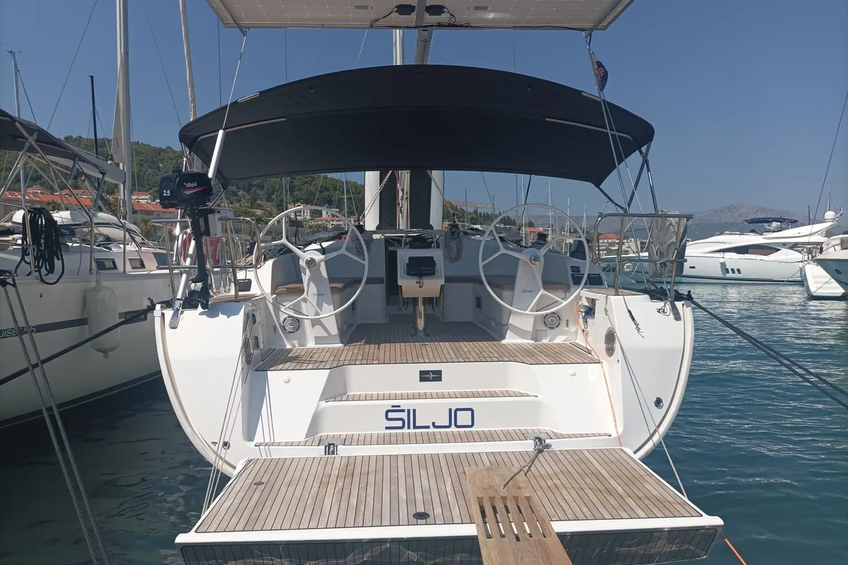Exterior view of Šiljo, a Bavaria Cruiser 46 sailboat at Split, Croatia