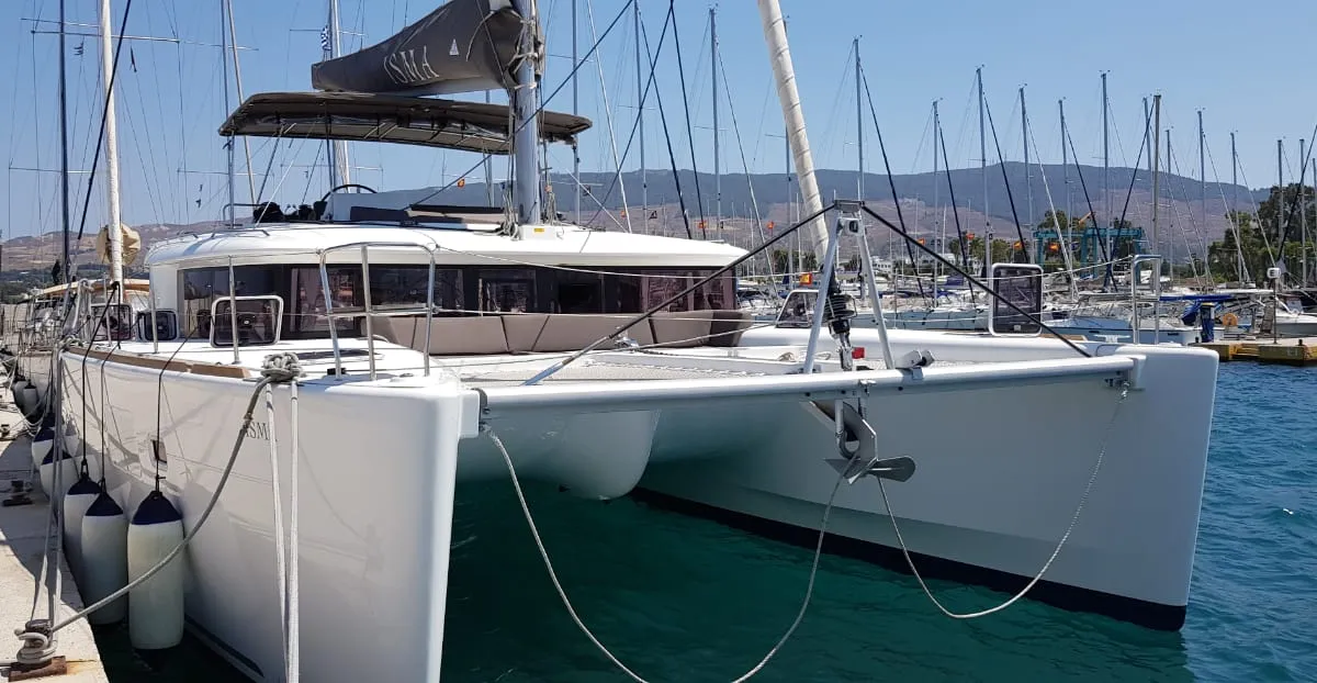 Exterior view of ISMA, a Lagoon 450 Fly catamaran at Municipal Unit of Lefkada, Greece