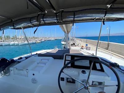 Cockpit of ISMA, a Lagoon 450 Fly catamaran at Municipal Unit of Lefkada, Greece