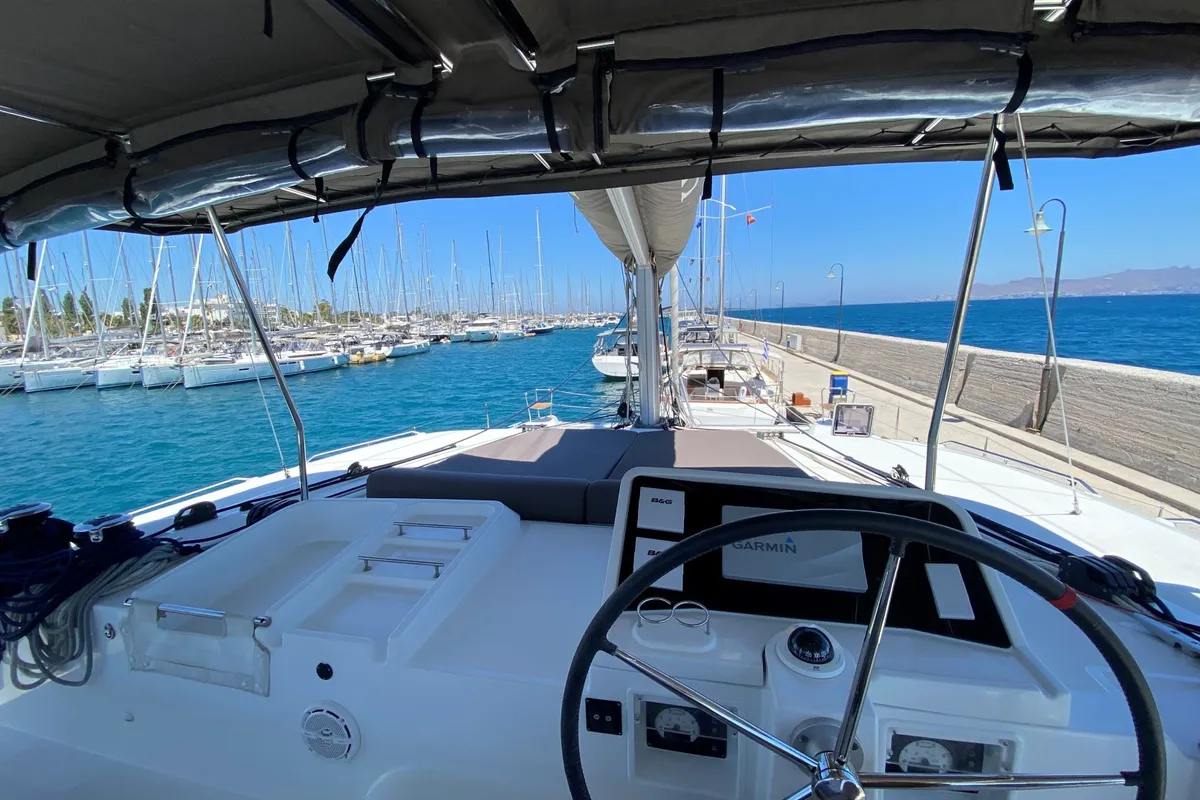 Cockpit of ISMA, a Lagoon 450 Fly catamaran at Municipal Unit of Lefkada, Greece