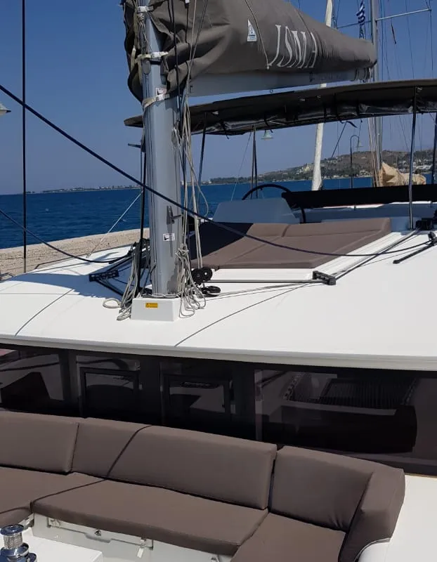 Deck of ISMA, a Lagoon 450 Fly catamaran at Municipal Unit of Lefkada, Greece