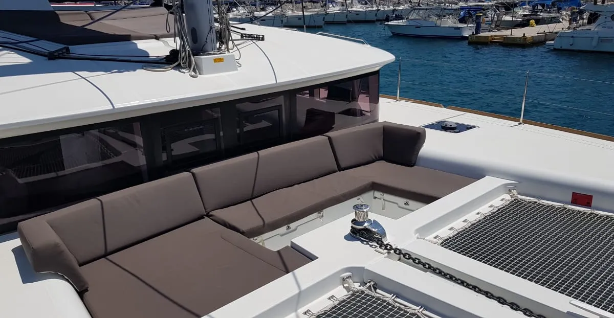Deck of ISMA, a Lagoon 450 Fly catamaran at Municipal Unit of Lefkada, Greece