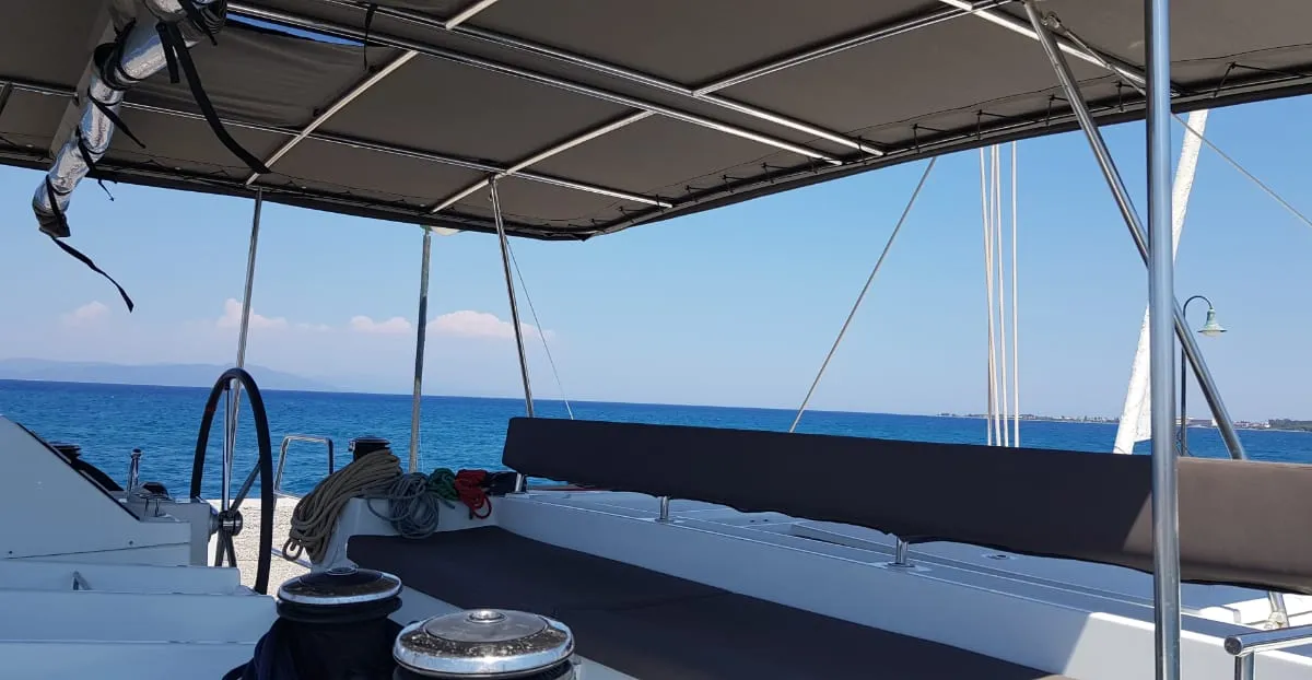 Cockpit of ISMA, a Lagoon 450 Fly catamaran at Municipal Unit of Lefkada, Greece