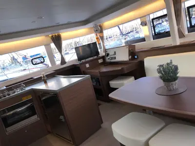 Salon of ISMA, a Lagoon 450 Fly catamaran at Municipal Unit of Lefkada, Greece