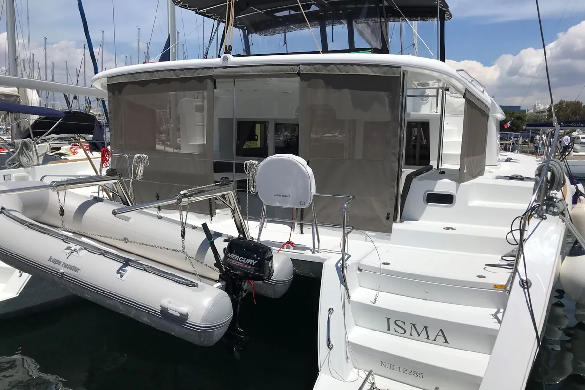 Exterior view of ISMA, a Lagoon 450 Fly catamaran at Municipal Unit of Lefkada, Greece