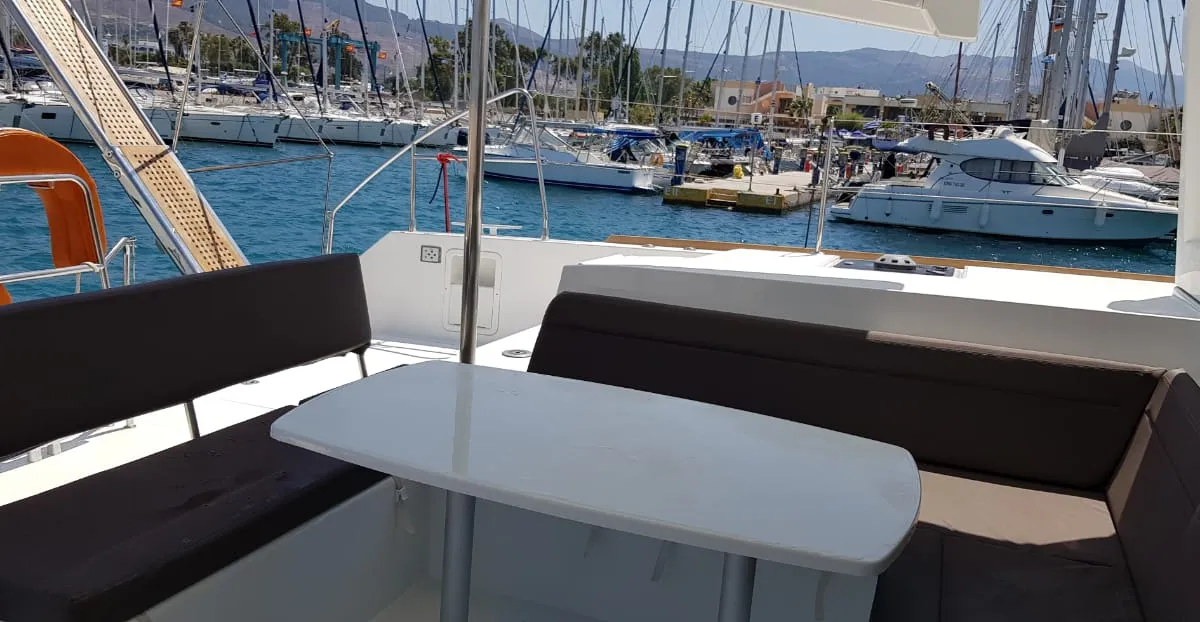 Deck of ISMA, a Lagoon 450 Fly catamaran at Municipal Unit of Lefkada, Greece