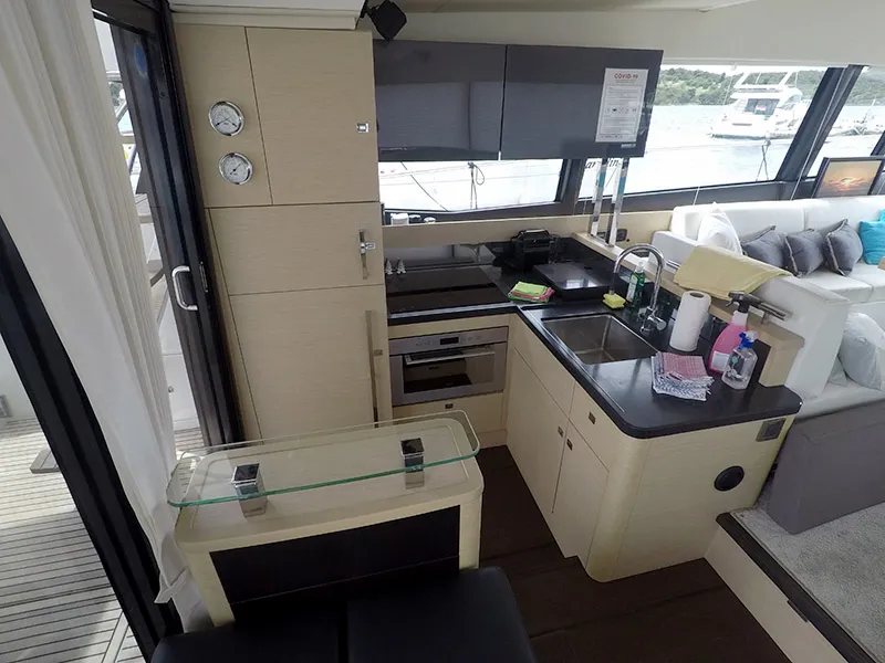 Galley of Serendipity, a Jeanneau Prestige 500 Fly motor yacht at Grad Šibenik, Croatia