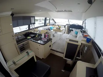 Galley of Serendipity, a Jeanneau Prestige 500 Fly motor yacht at Grad Šibenik, Croatia