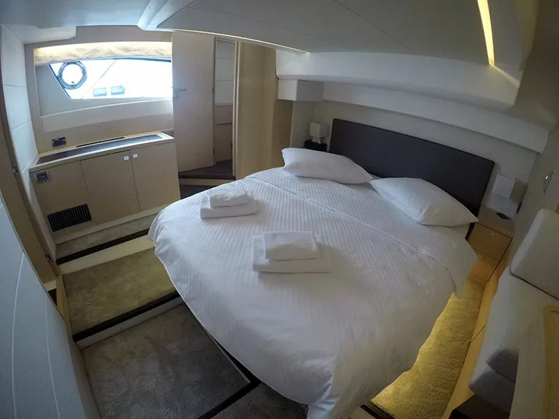 Cabin on Serendipity, a Jeanneau Prestige 500 Fly motor yacht at Grad Šibenik, Croatia