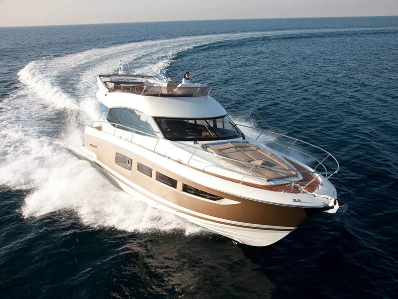 Exterior view of Serendipity, a Jeanneau Prestige 500 Fly motor yacht at Grad Šibenik, Croatia