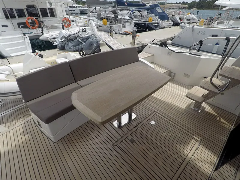 Deck of Serendipity, a Jeanneau Prestige 500 Fly motor yacht at Grad Šibenik, Croatia