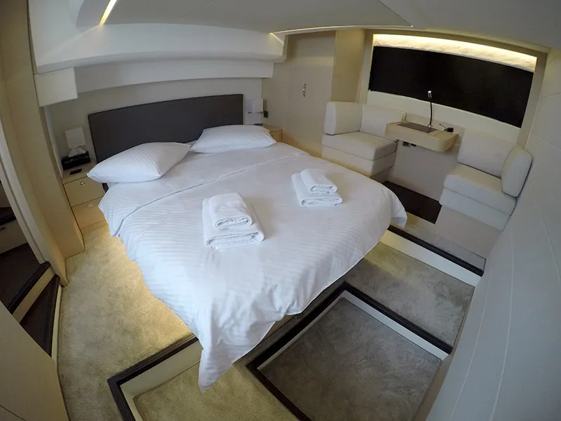 Cabin on Serendipity, a Jeanneau Prestige 500 Fly motor yacht at Grad Šibenik, Croatia