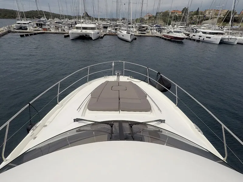 Deck of Serendipity, a Jeanneau Prestige 500 Fly motor yacht at Grad Šibenik, Croatia