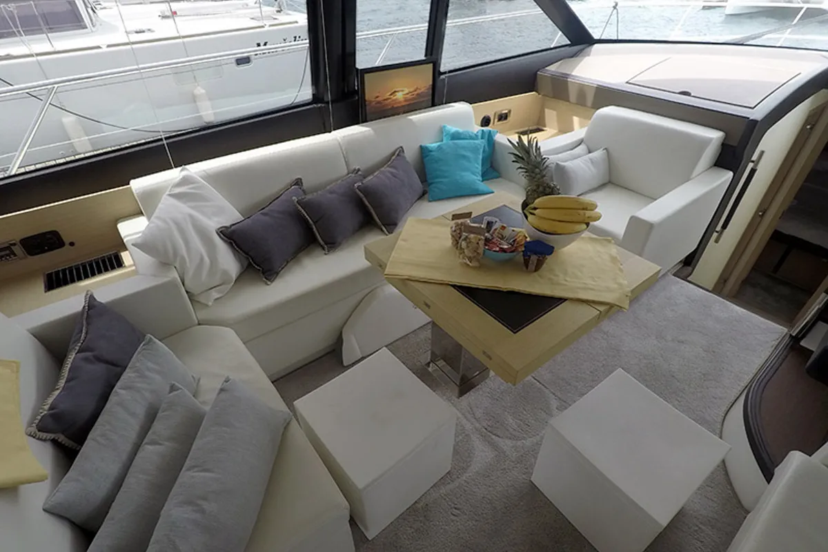 Salon of Serendipity, a Jeanneau Prestige 500 Fly motor yacht at Grad Šibenik, Croatia