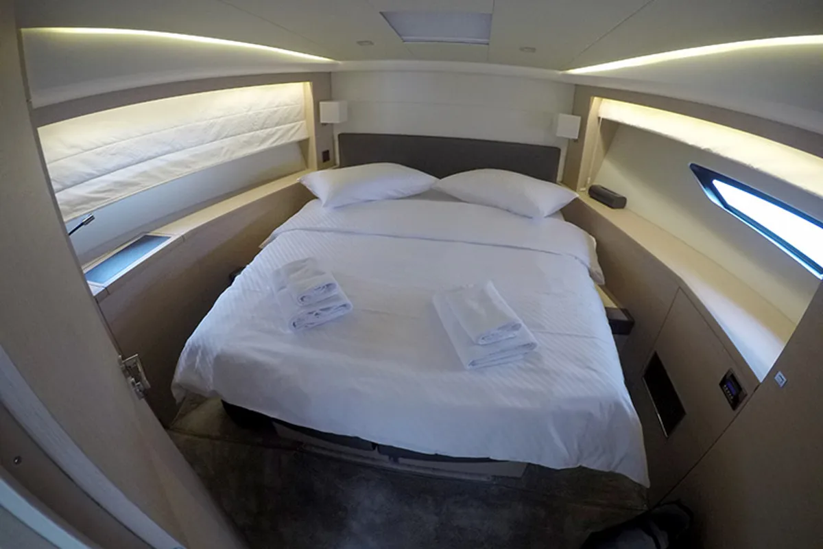 Cabin on Serendipity, a Jeanneau Prestige 500 Fly motor yacht at Grad Šibenik, Croatia