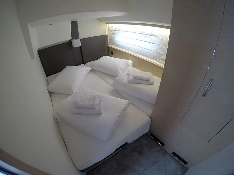 Cabin on Serendipity, a Jeanneau Prestige 500 Fly motor yacht at Grad Šibenik, Croatia