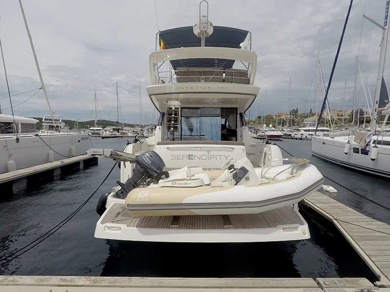 Exterior view of Serendipity, a Jeanneau Prestige 500 Fly motor yacht at Grad Šibenik, Croatia