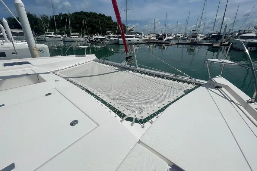 Deck of China Cat Sunflower II, a Leopard 40 catamaran at Road Town, British Virgin Islands