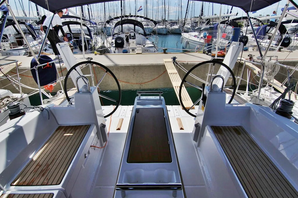 Cockpit of Aura, a Beneteau Oceanis 38.1 sailboat at Sukošan, Croatia