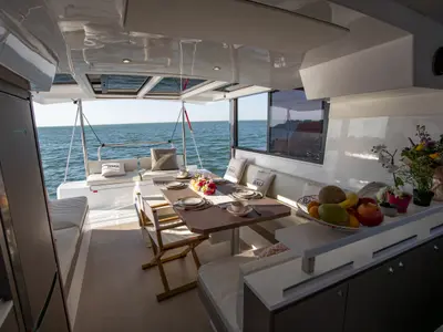 Deck of Somnis, a Bali Catspace catamaran at Ibiza, Spain