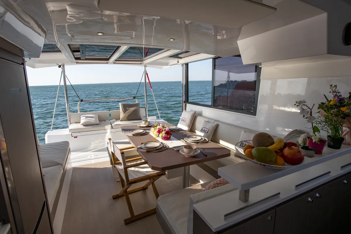 Deck of Somnis, a Bali Catspace catamaran at Ibiza, Spain