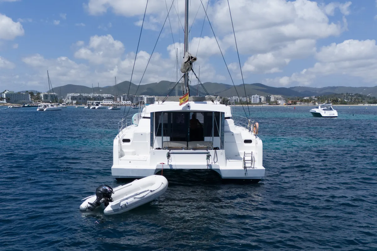 Exterior view of Somnis, a Bali Catspace catamaran at Ibiza, Spain