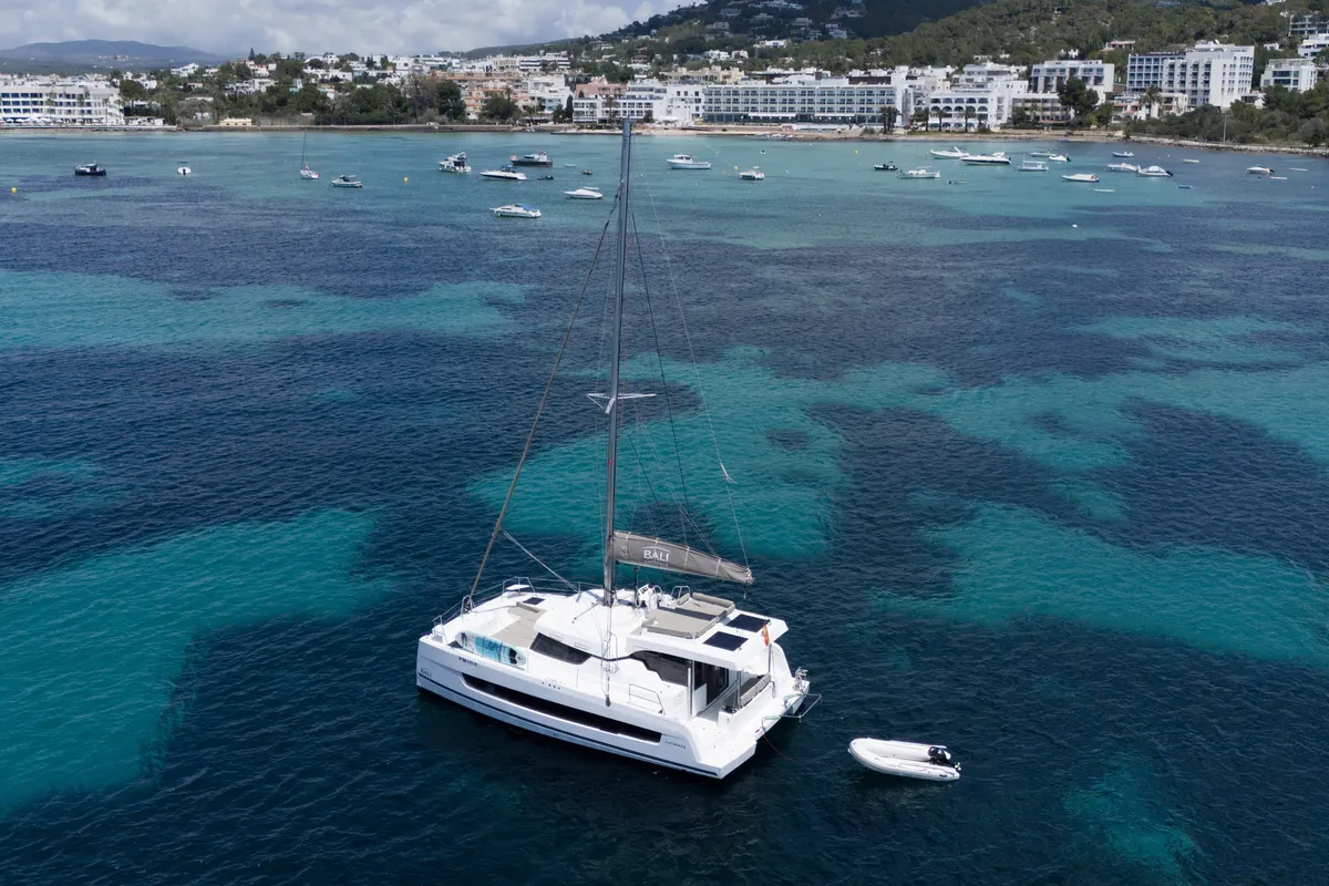 Exterior view of Somnis, a Bali Catspace catamaran at Ibiza, Spain