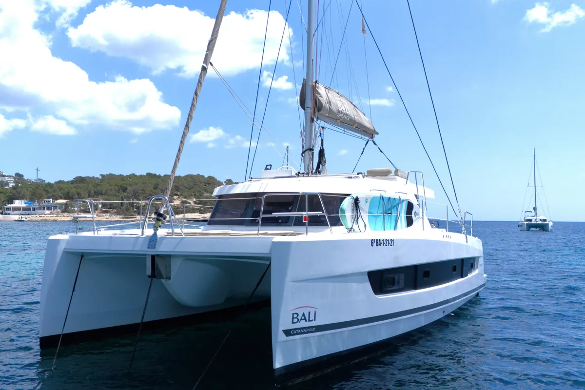 Exterior view of Somnis, a Bali Catspace catamaran at Ibiza, Spain