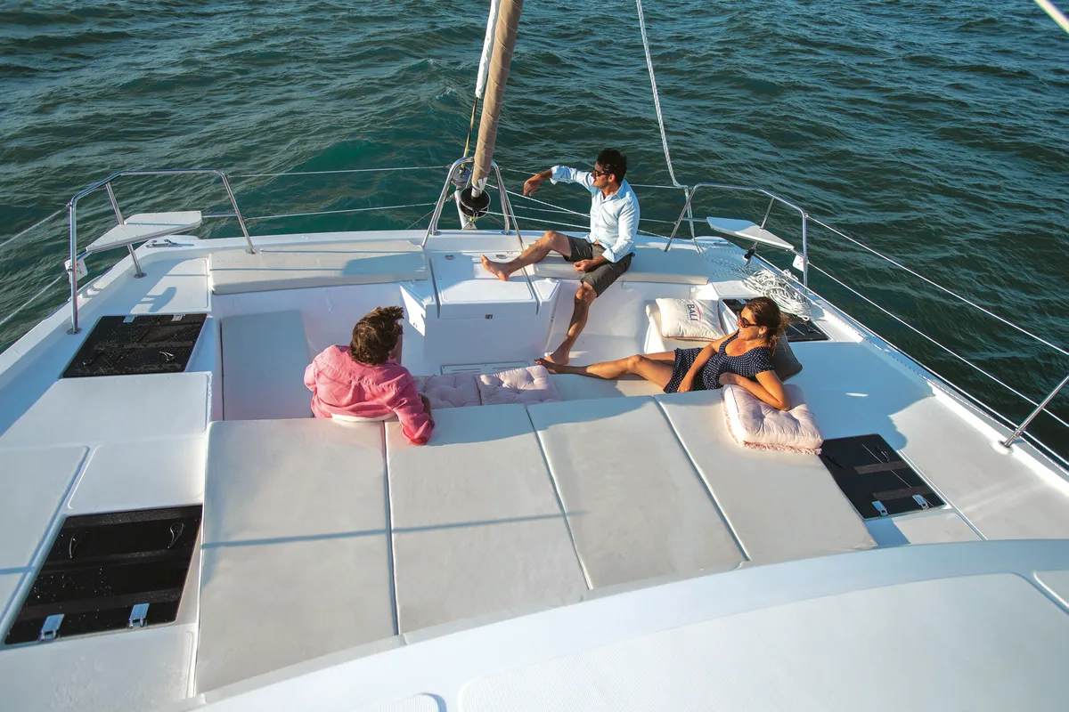 Deck of Somnis, a Bali Catspace catamaran at Ibiza, Spain