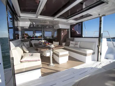 Salon of Somnis, a Bali Catspace catamaran at Ibiza, Spain