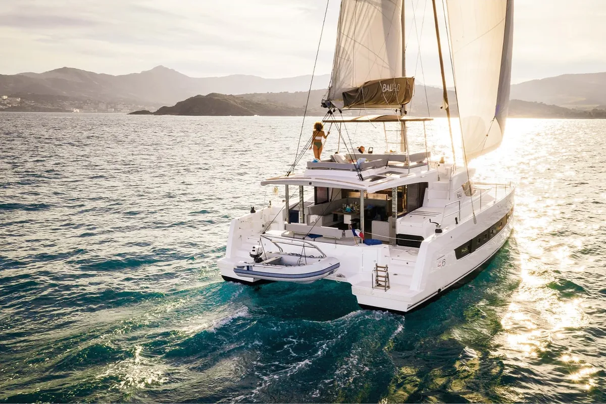 Exterior view of Enma, a Bali 4.6 catamaran at Athens, Greece