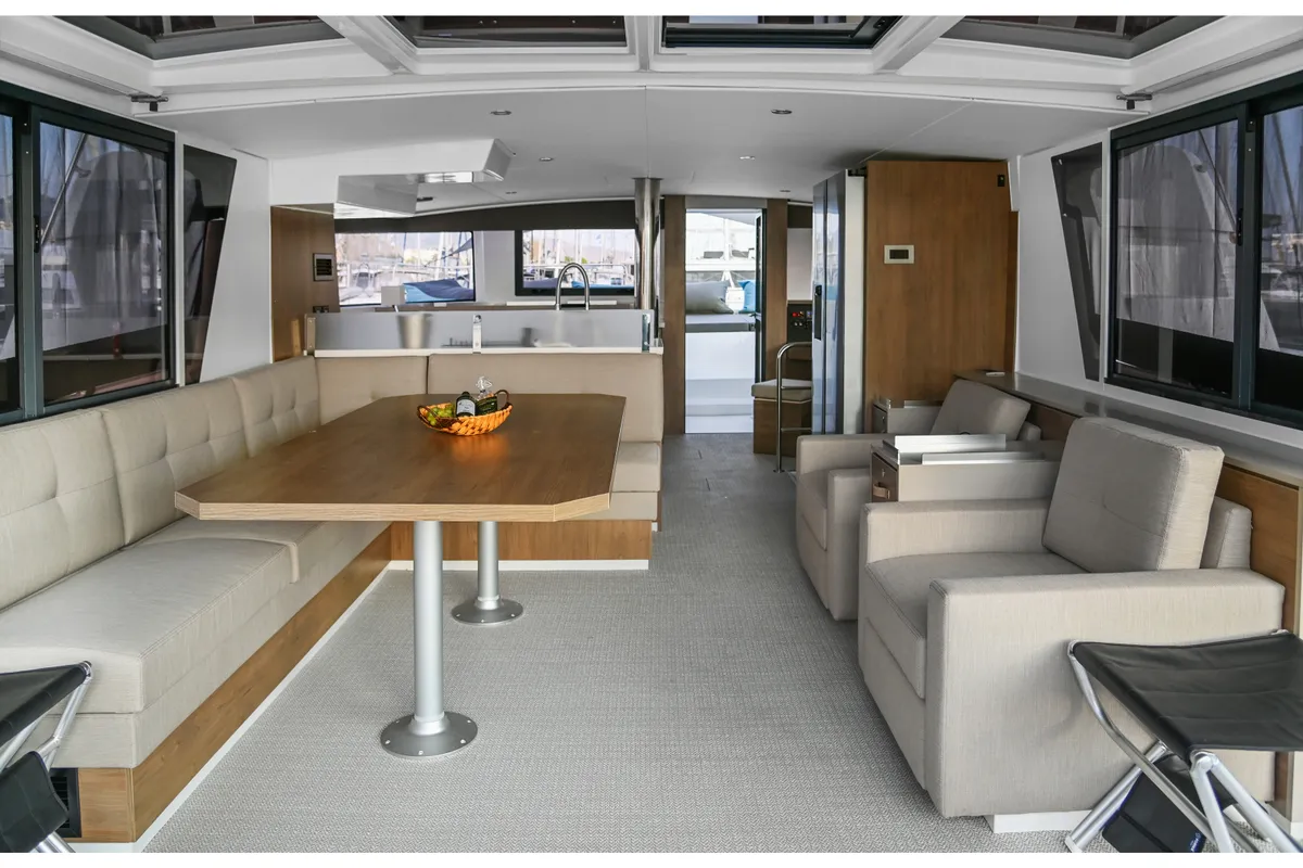 Salon of Enma, a Bali 4.6 catamaran at Athens, Greece
