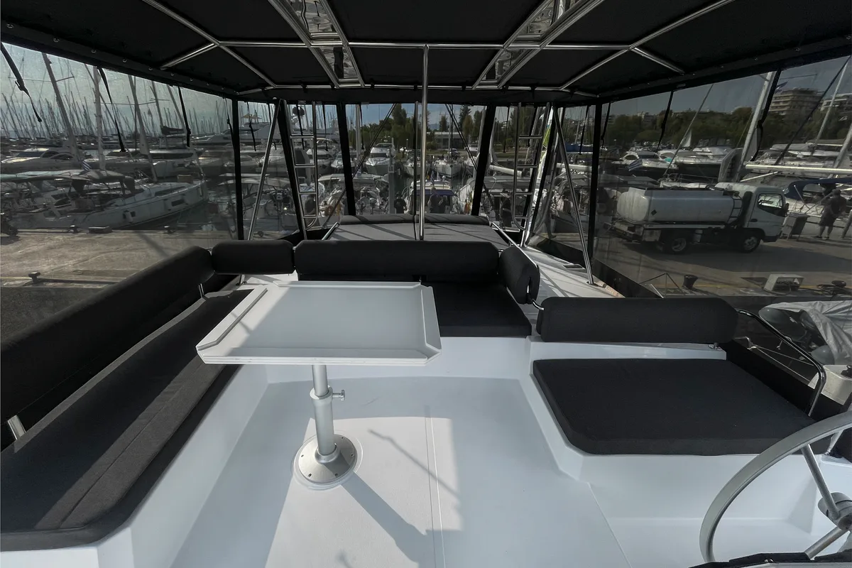 Cockpit of Enma, a Bali 4.6 catamaran at Athens, Greece