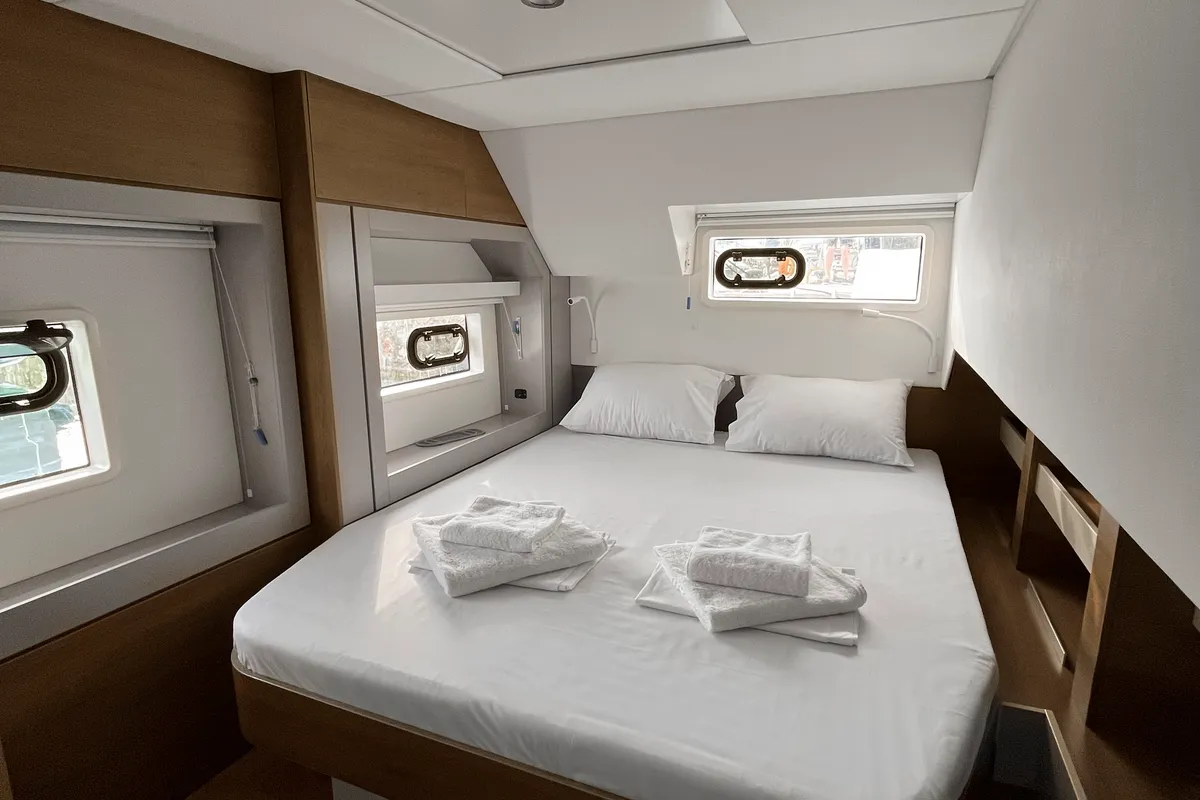 Cabin on Enma, a Bali 4.6 catamaran at Athens, Greece